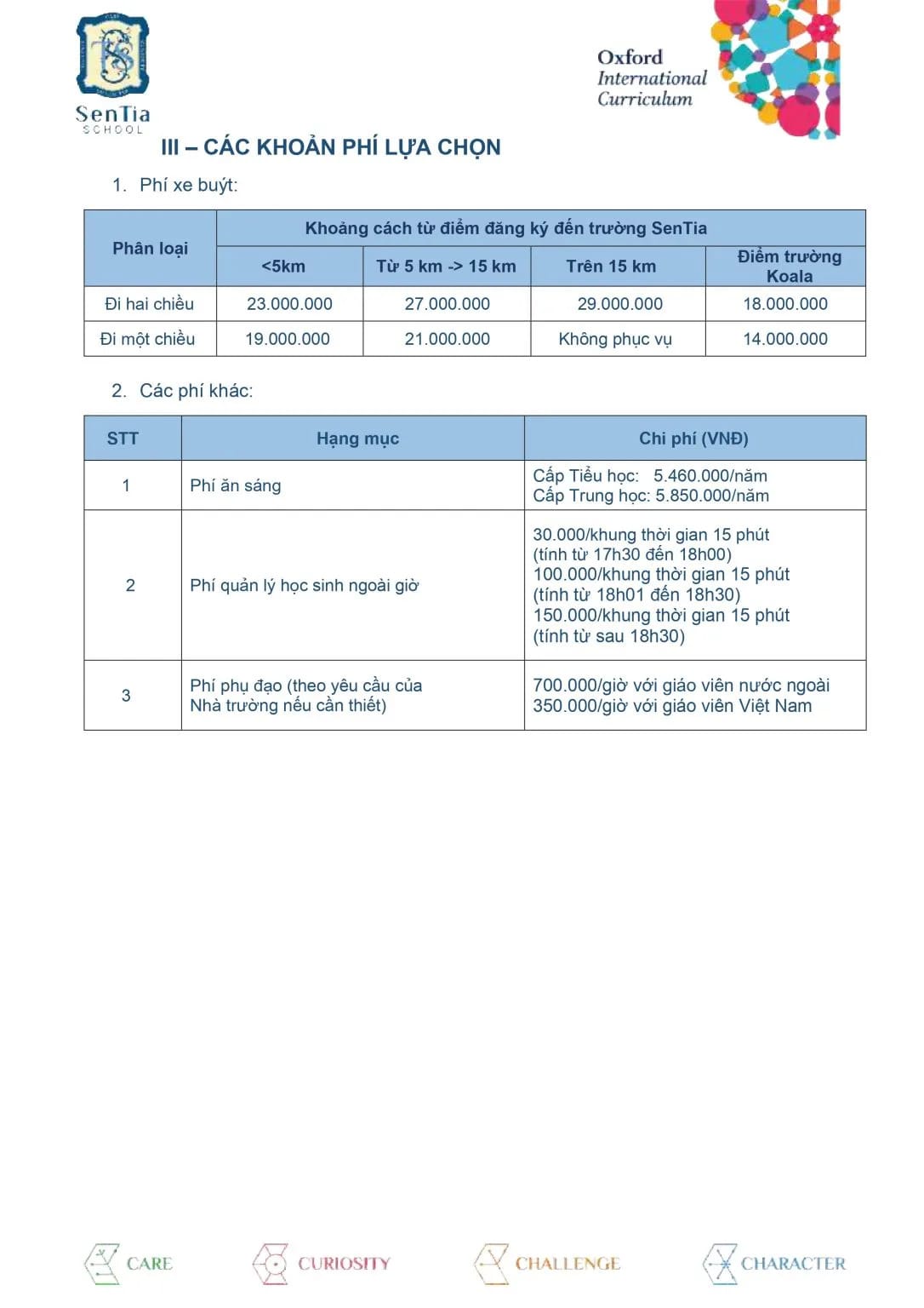 SenTia School công khai minh bạch trong chi phí đóng nộp